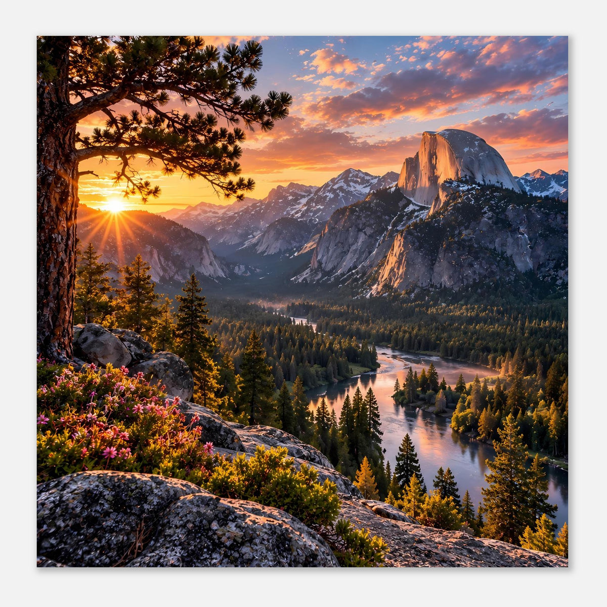 Poster mit Berglandschaft bei Sonnenuntergang: Flusslauf, Tannenwald, Felsformation
