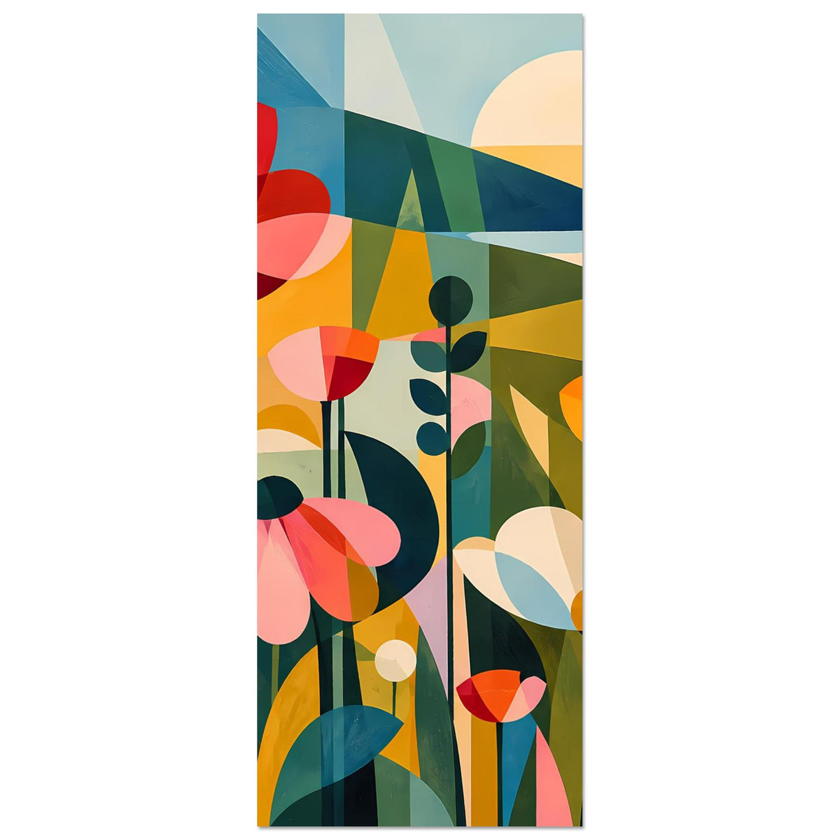 Abstraktes Blumenposter im Hochformat: Blüten, hohe Stängel und warme Farbfelder