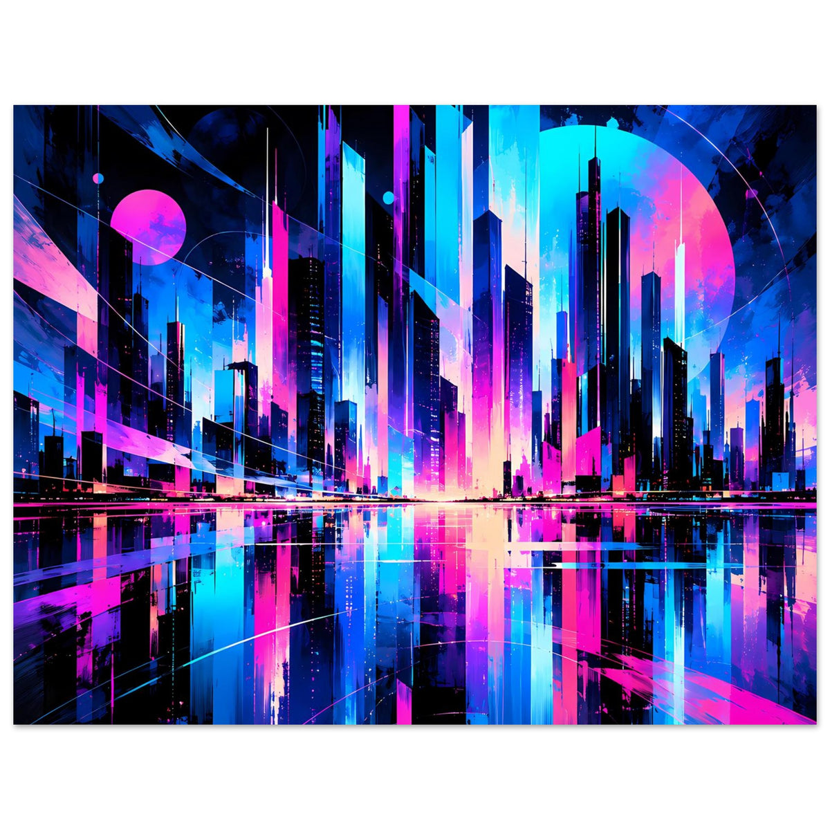 Neon-Stadtmotiv Poster im Querformat mit blauen und pinken Hochhäusern und Wasserspiegelung