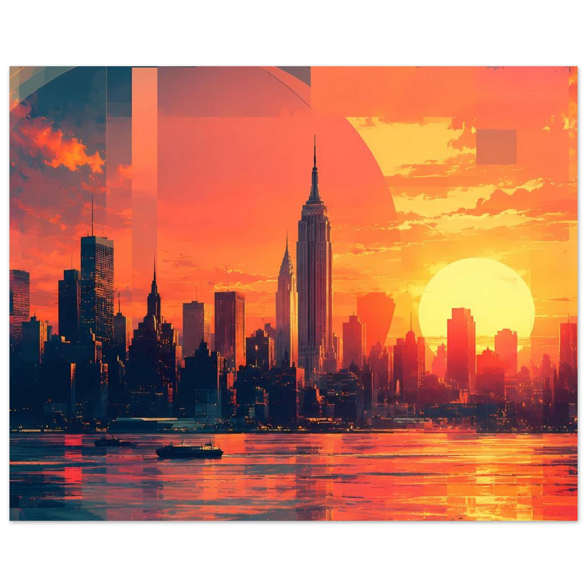 Breites City-Sonnenuntergangsposter mit Skyline, Wasserreflexion und abstraktem Bogen
