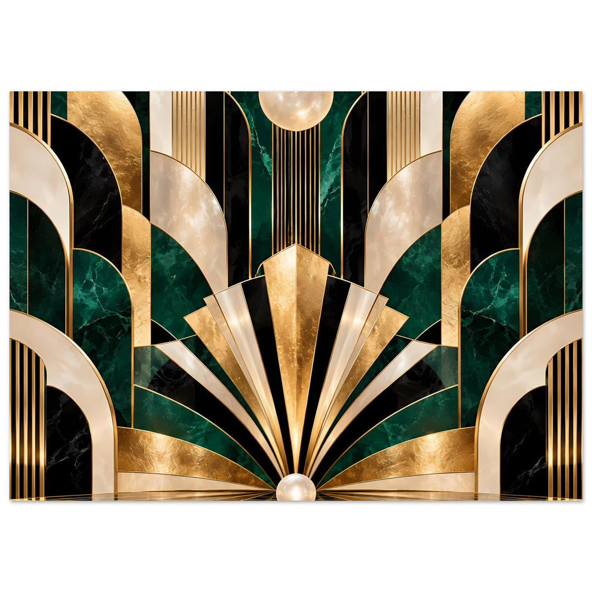 Art-Déco-Poster mit goldenen, smaragdgrünen und schwarzen geometrischen Bögen