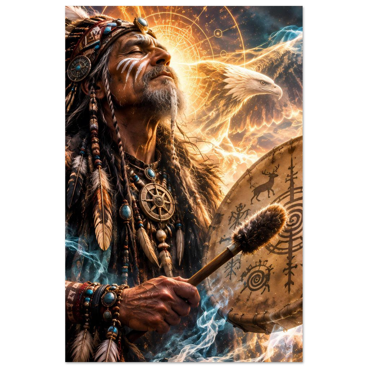 Fantasy-Poster: Schamane hält Trommel, goldenes Adlermotiv und Flammenlinien im Hintergrund