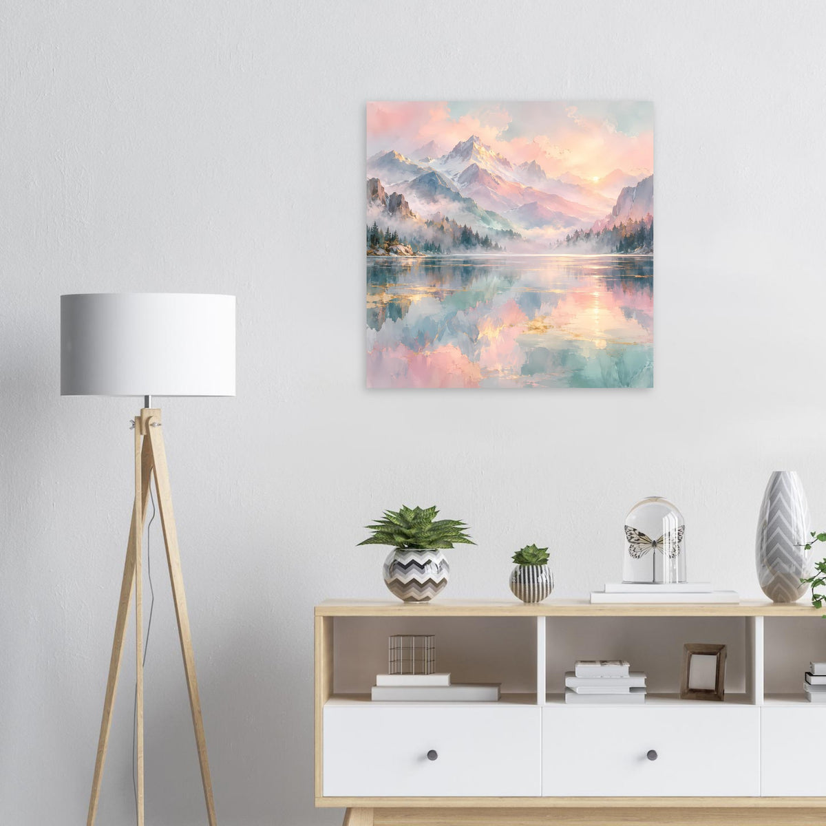 Quadratisches Pastell-Bergsee-Poster mit Spiegelung im Wasser und rosigem Himmel
