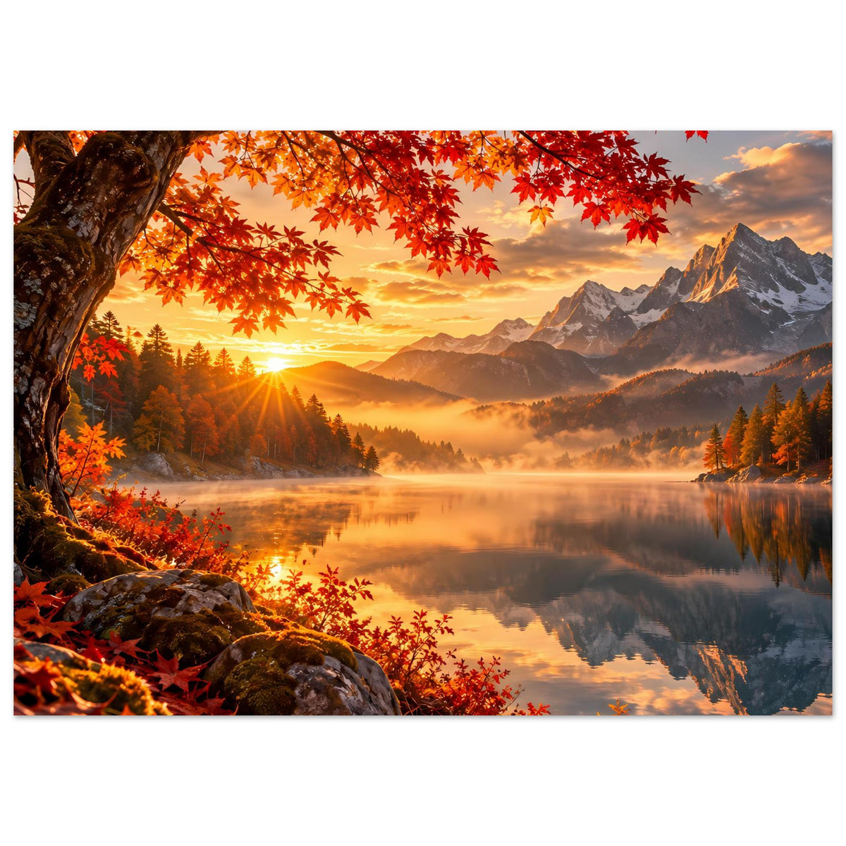 Poster Herbst-Sonnenaufgang mit Blätterdach, Sonnenaufgangsstrahlen, Nebel und See.