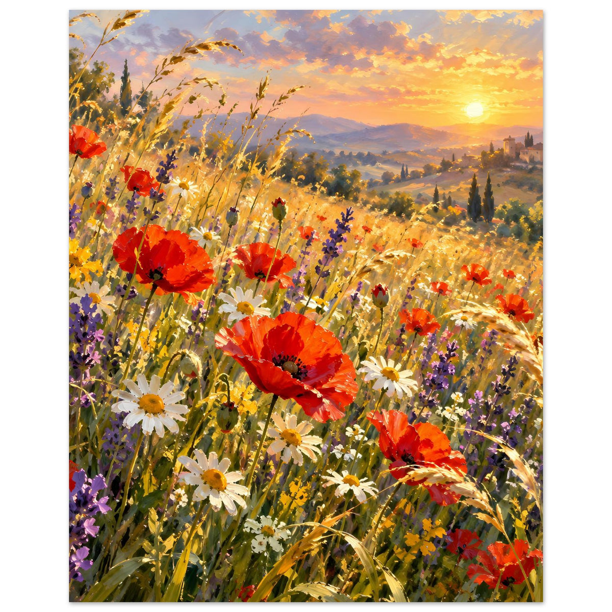 Wildblumenposter im Hochformat: roter Mohn und weiße Blüten im leuchtenden Sonnenuntergang.