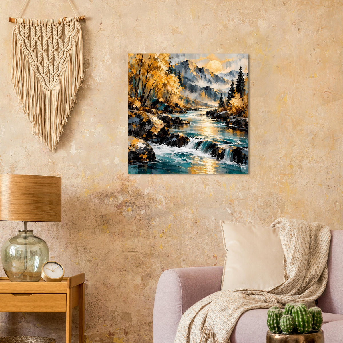 Herbstlandschaft-Poster mit Bachlauf, Wasserfall, herbstlichen Bäumen und Bergen