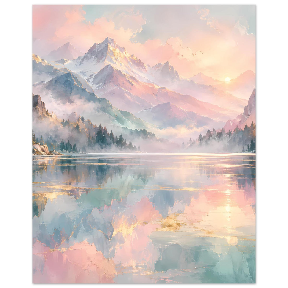 Vertikales Poster mit Pastell-Bergpanorama, Wald und spiegelndem See im Sonnenlicht.