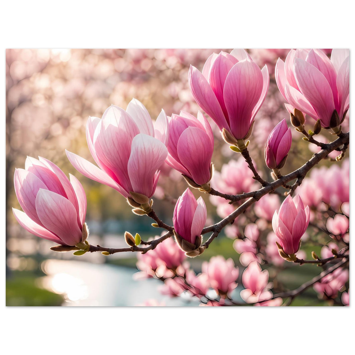 Magnolienblüten-Zweig, rosa und weiß, Nahansicht als Blumenposter