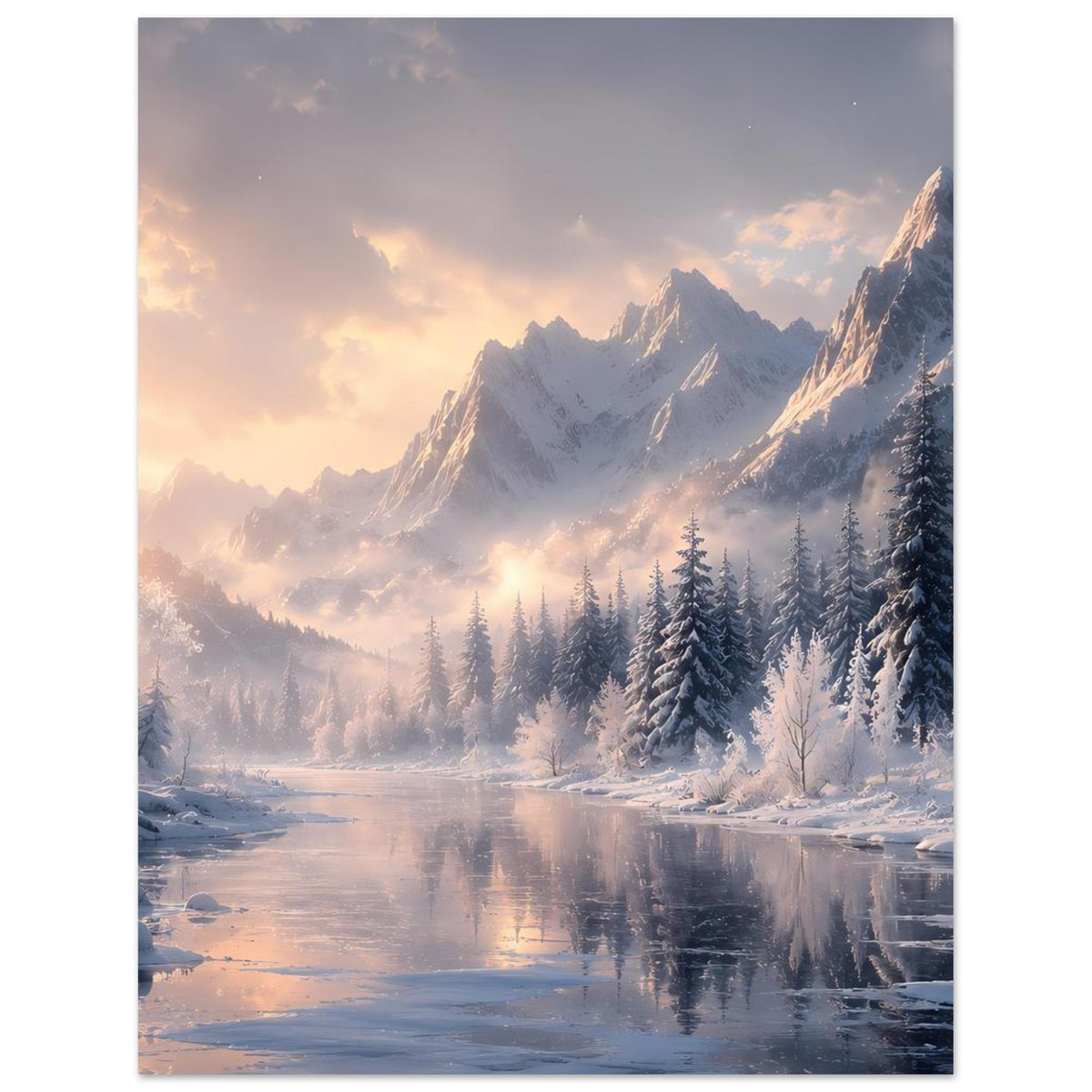 Winterlandschaft-Poster mit verschneiten Bergen, Tannenwald und spiegelndem Wasser
