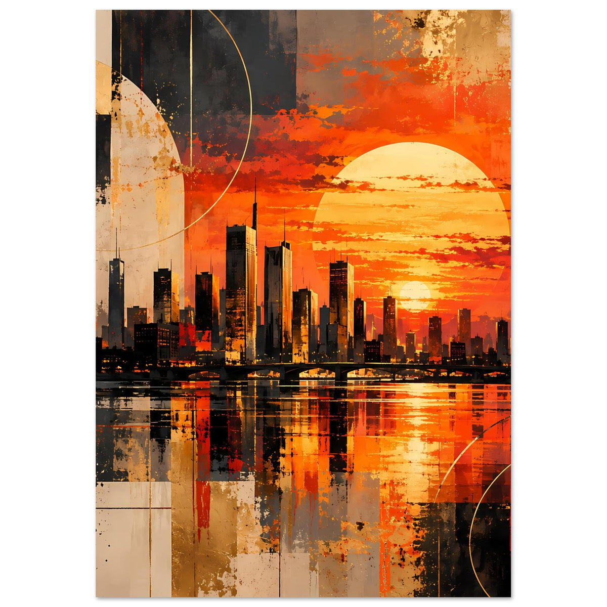 Vertikales Poster mit abstrakter Skyline, orangefarbenem Sonnenuntergang und Wasserreflexion