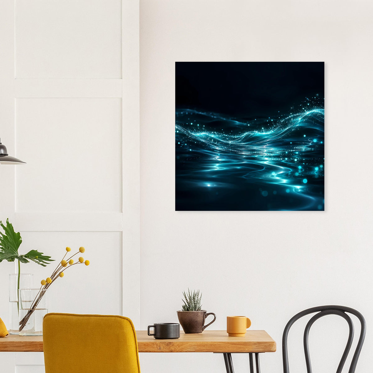 Schwarz gerahmtes Poster mit türkisfarbenen Energie-Wellen und weißen Highlights auf dunklem Blau