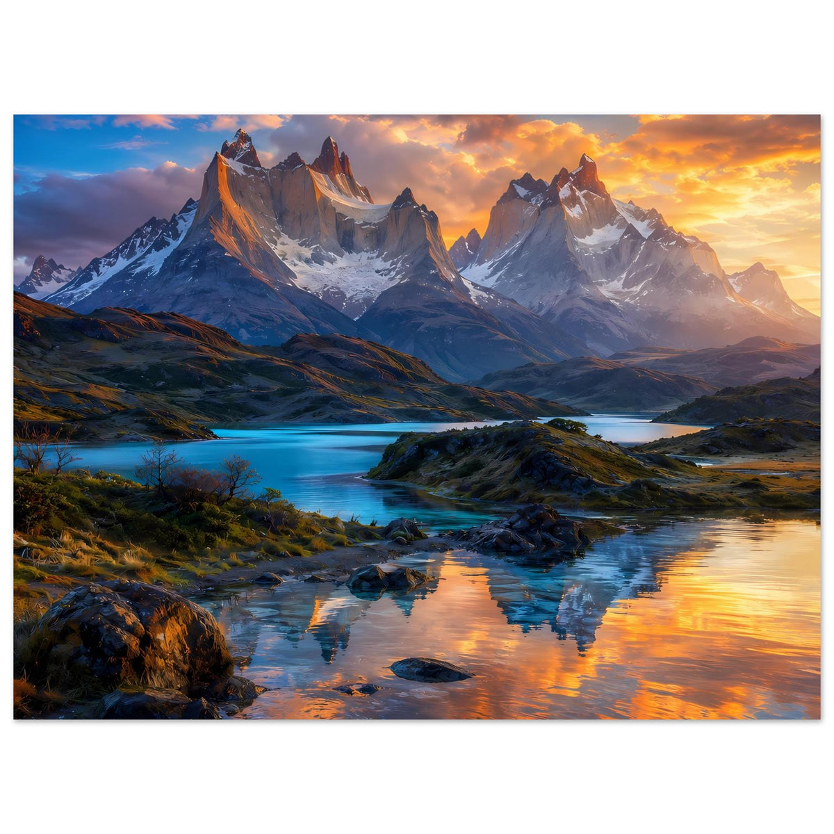 Poster mit Berglandschaft im Sonnenuntergang, Panorama mit Seearm und Flusslauf, vertikal