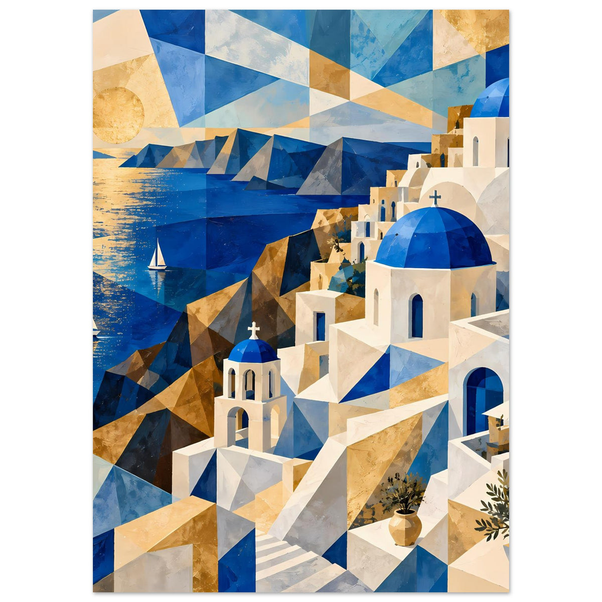 Geometrisches Poster: mediterrane Küste mit blauem Meer, Segelbooten und weißen Gebäuden