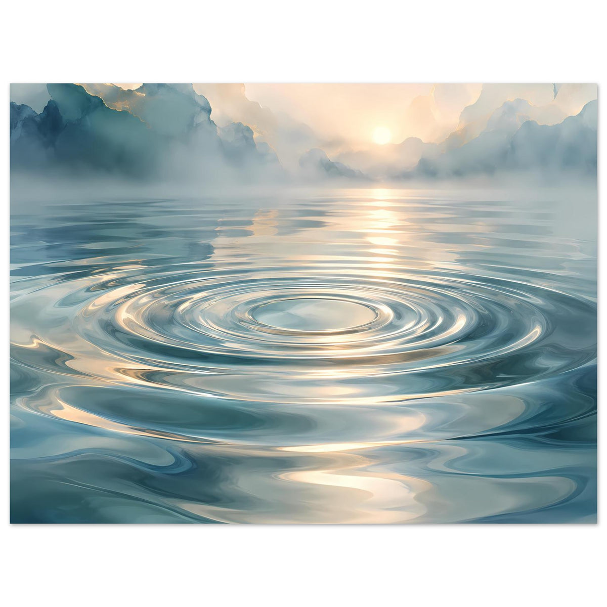 Poster im Querformat mit Wasseroberfläche, ringförmigen Wirbeln und Sonnenreflex