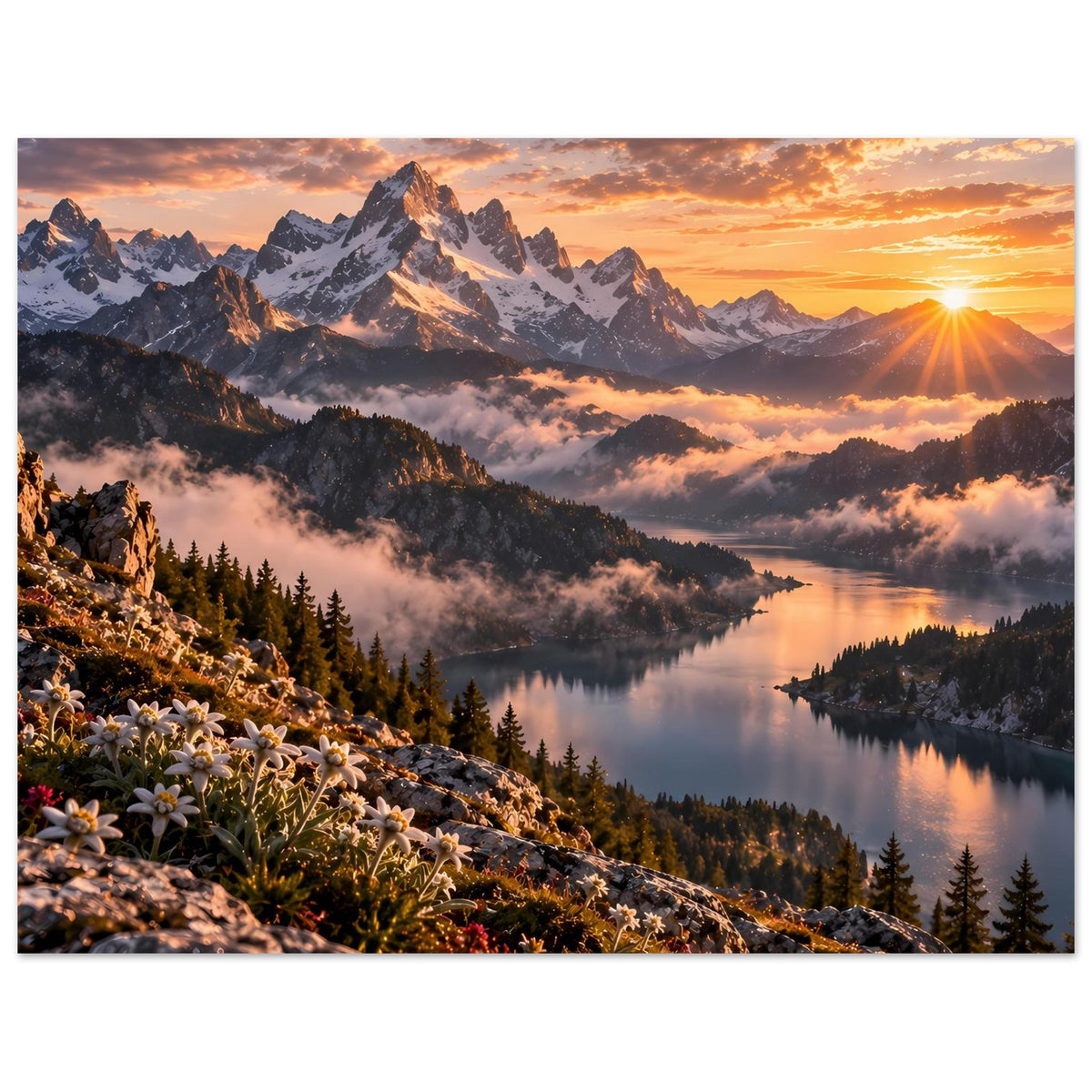 Querformat-Poster mit Alpengebirge, Bergsee und Sonnenaufgang am Horizont