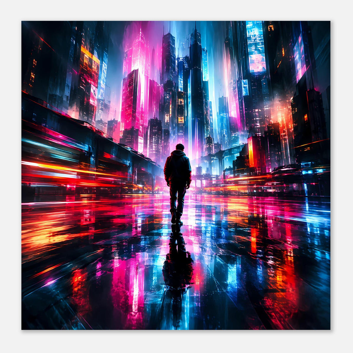 Querformatiges Cyberpunk-Poster: Silhouette in der Neonallee, pinke und blaue Leuchtsäulen.