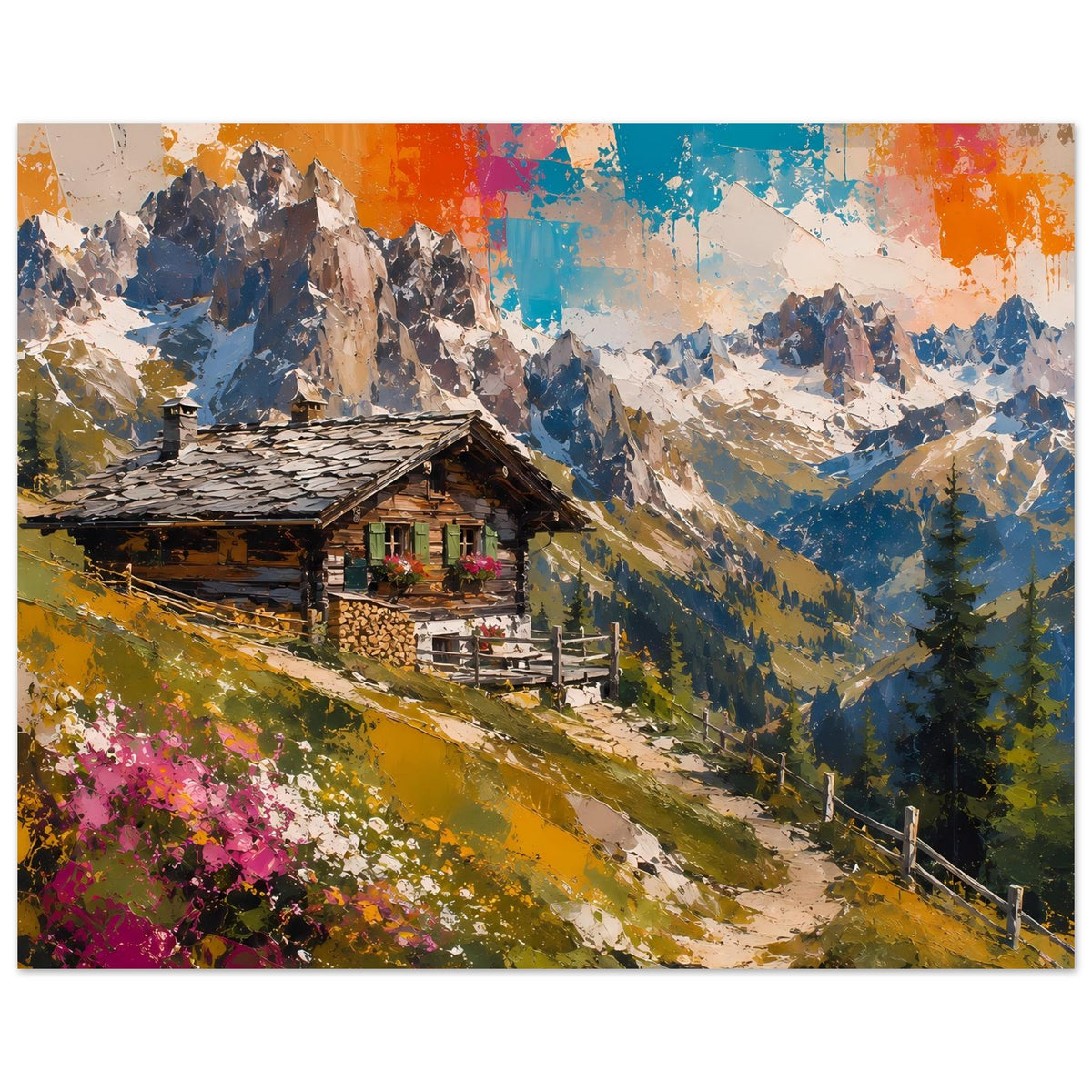 Horizontales Poster: Alpenhütte am Hang, Wiese mit Blüten, Berge und farbiger Himmel