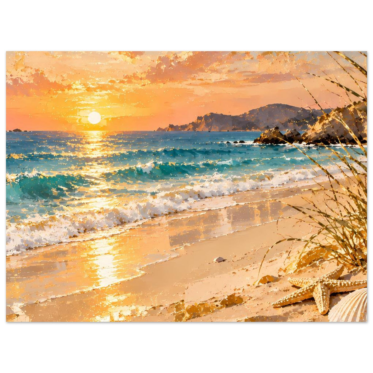 Strandposter im Querformat: Sonnenuntergang, türkisfarbenes Meer, Sandstrand und Muschel