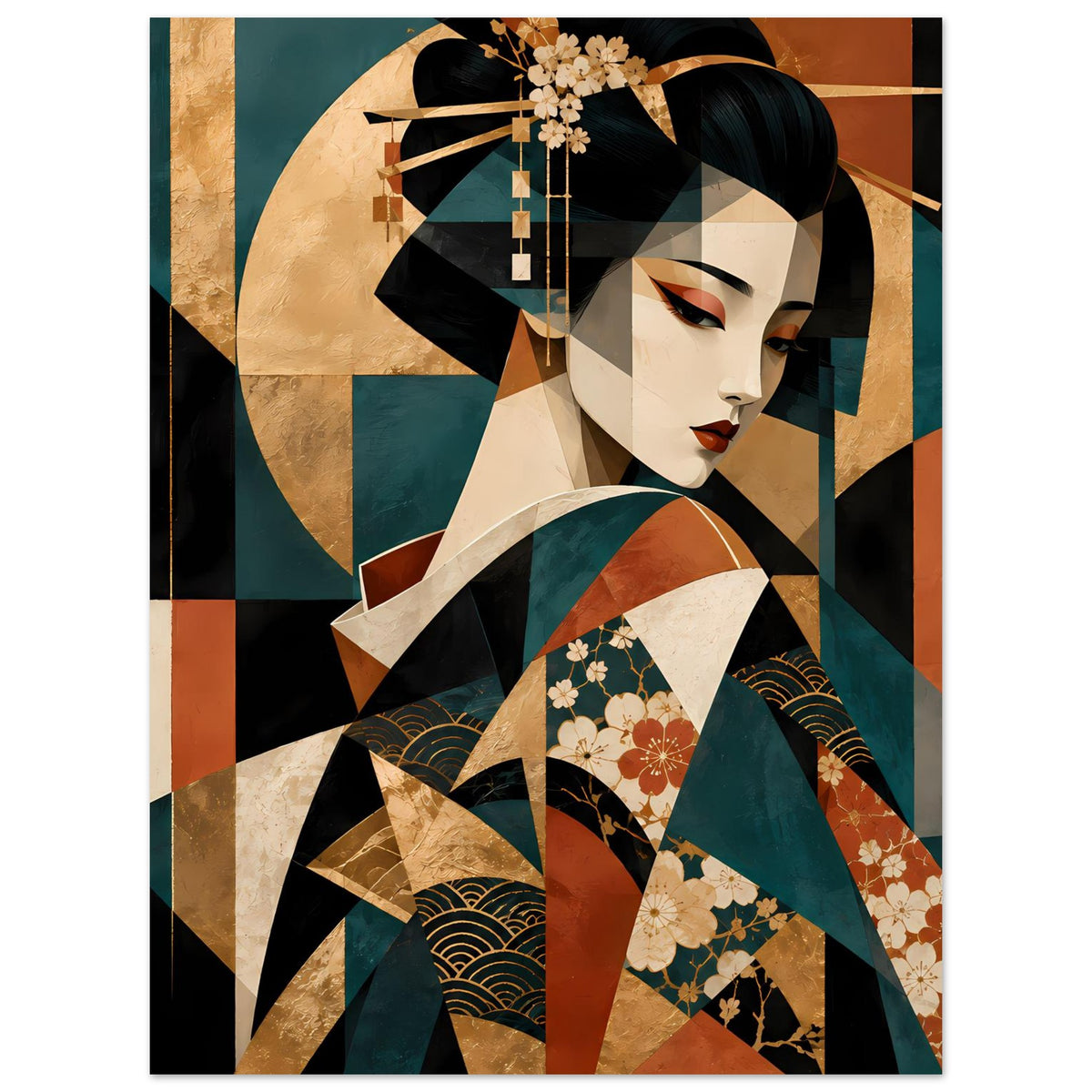 Kunstposter mit stilisierter Geisha-Figur, schwarzes Haar und Kimono in Türkis, Gold und Rot