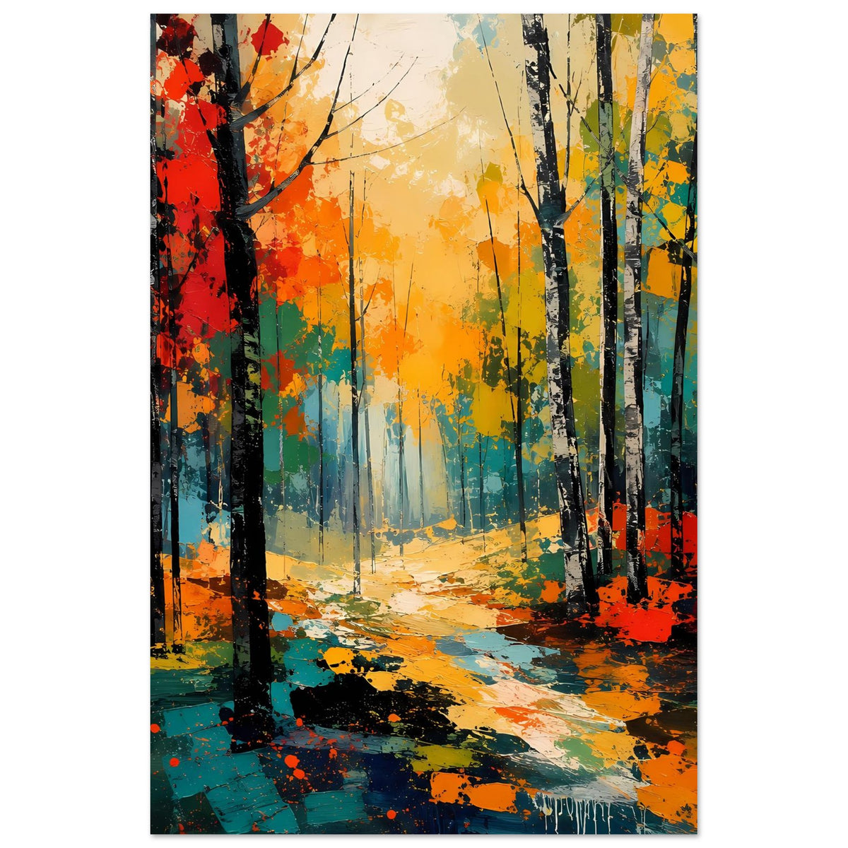 Wandposter im Hochformat: buntem Waldkorridor mit orangefarbener Lichtfläche und Baumreihen