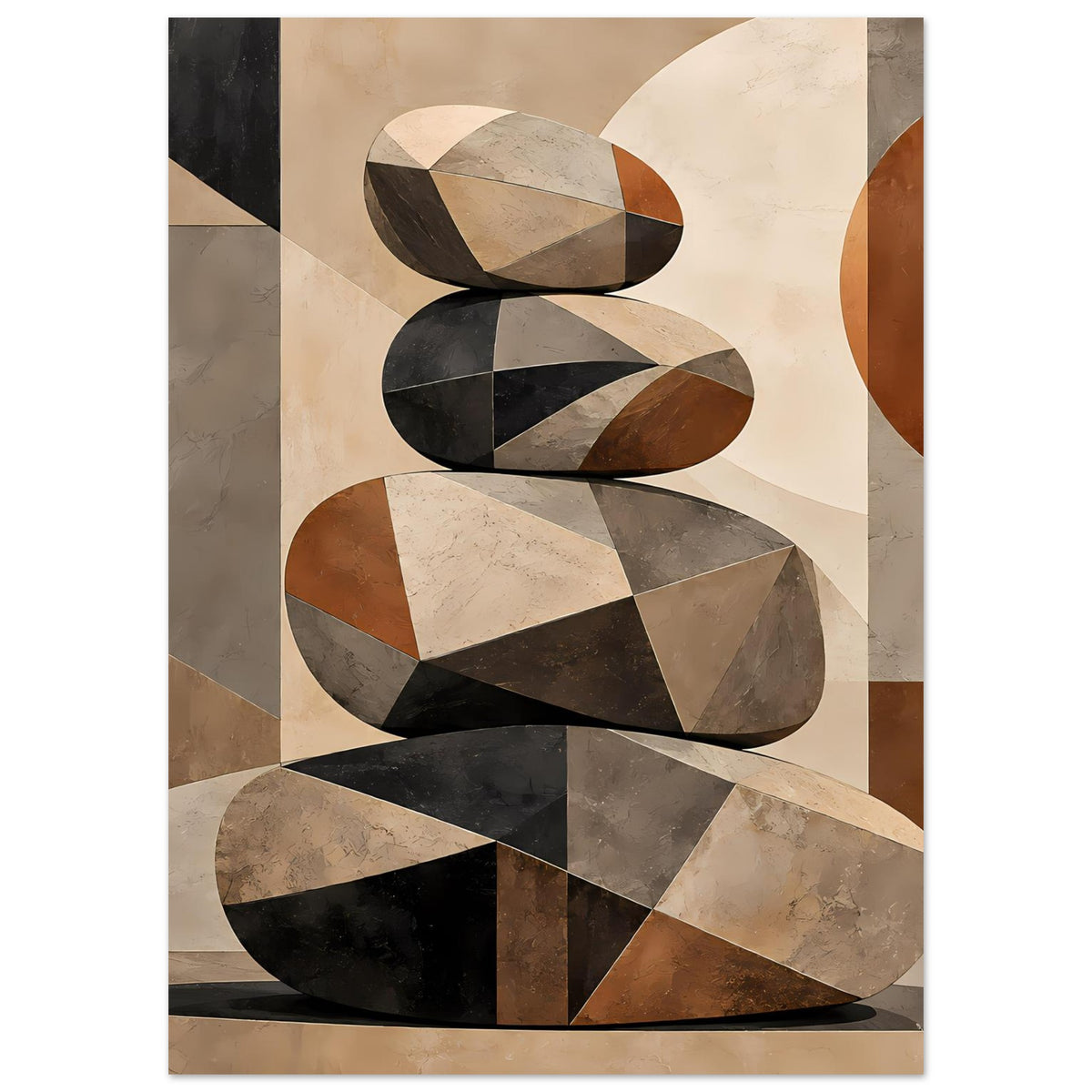 Posteransicht mit geometrischem Steinstapel, beige Flächen und dunkle Kontrastsegmente.