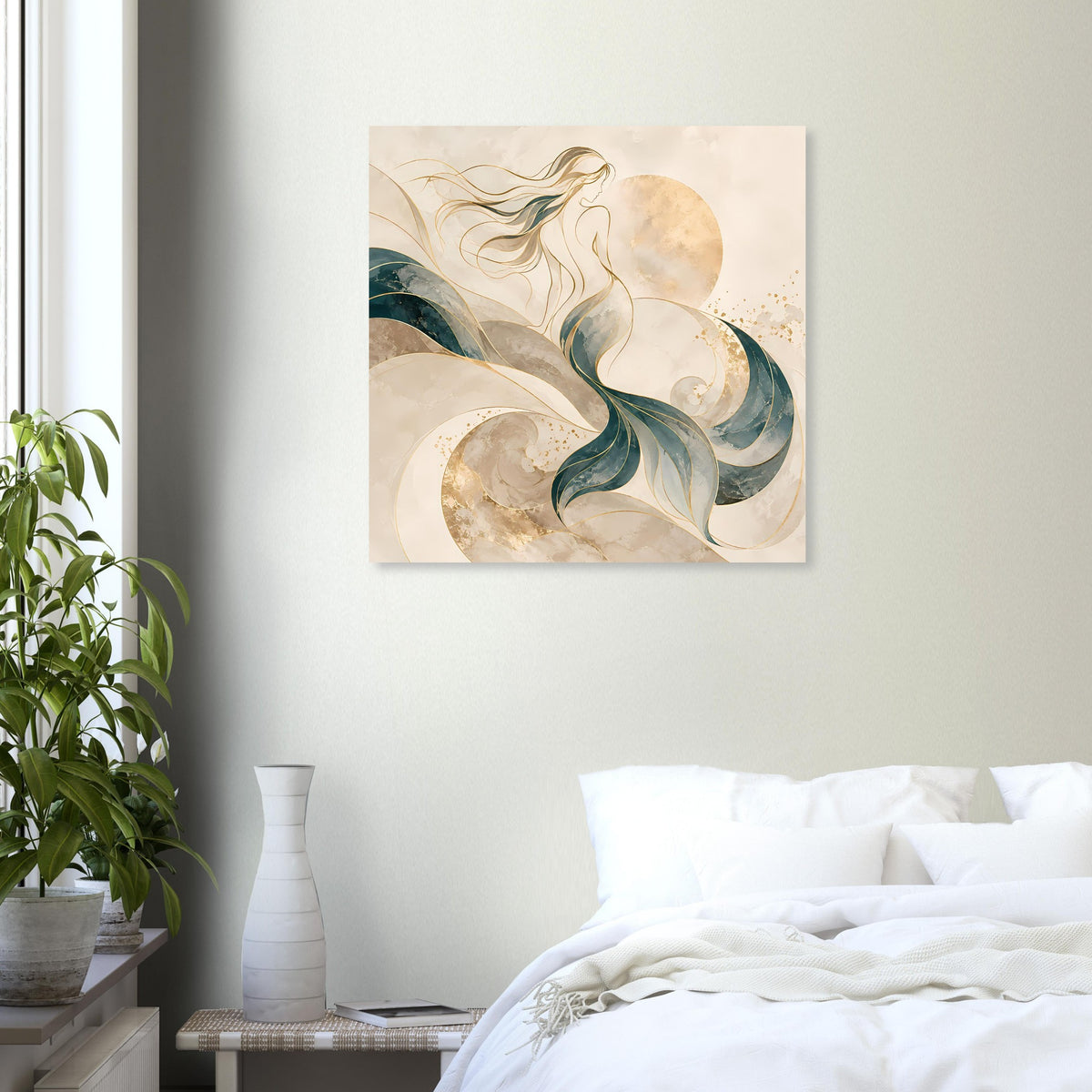 Kunstposter mit Meerjungfrau-Motiv, cremefarbene Monde und türkisfarbene Strömung