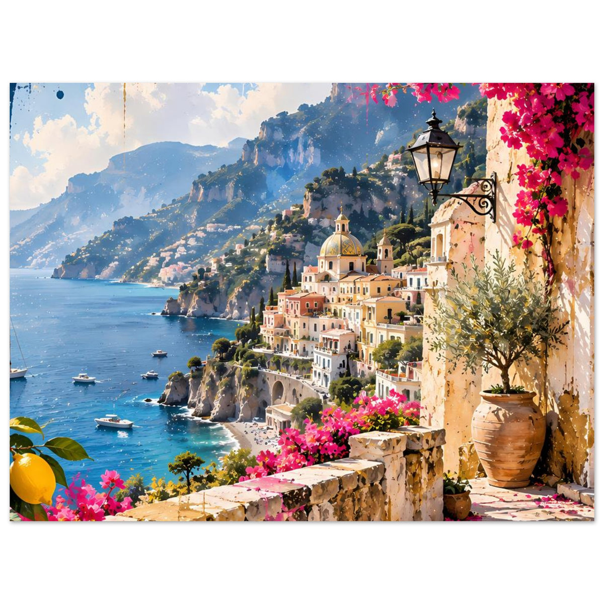 Vertikales Poster mit Zitronen, Küstenpanorama, weißen Häusern, pinken Blüten und Vase