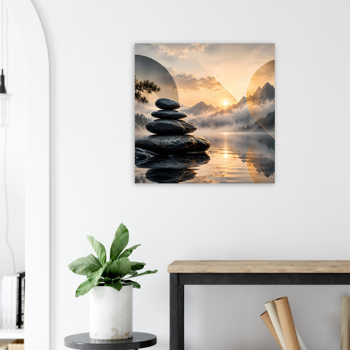 Wandposter mit Steinhaufen und Sonnenaufgang, Bergkulisse mit Spiegelung
