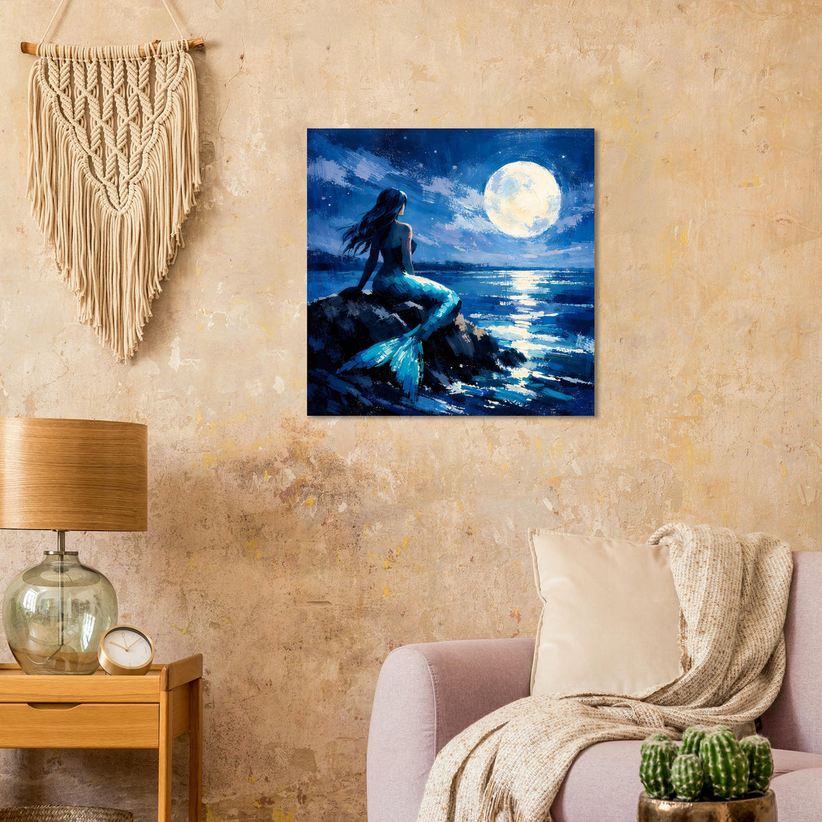 Quadratisches Poster: Meerjungfrau auf Felsen, blauer Ozean und runder Mond