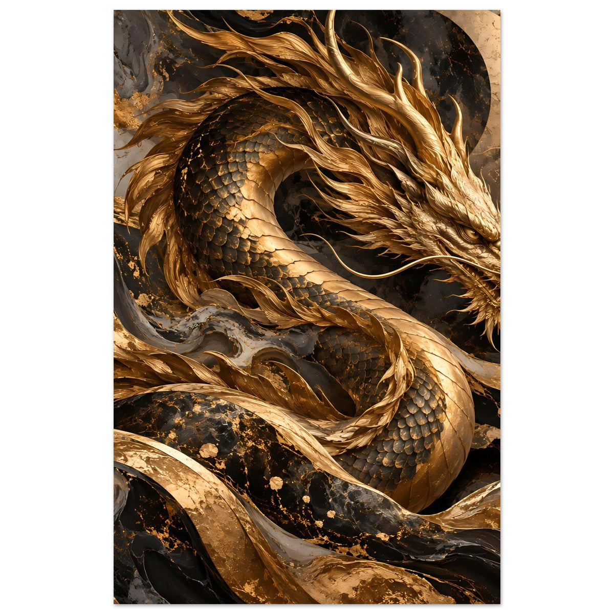 Vertikales Fantasy-Poster: goldener Drache mit Schuppen, ruhige Frontansicht.