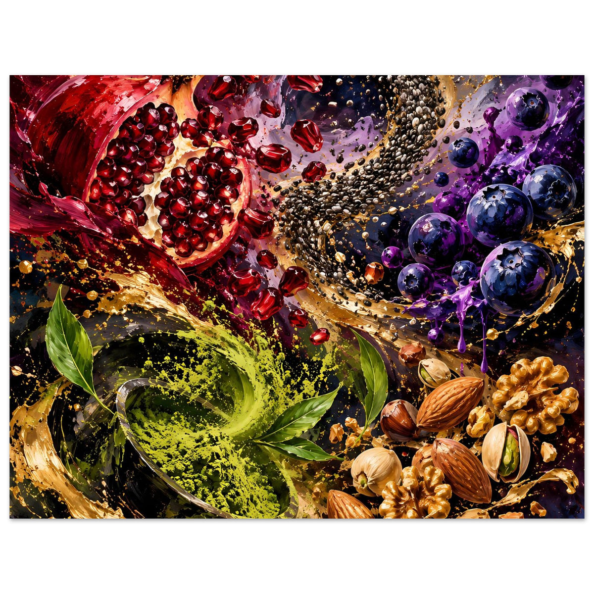 Poster mit Obst-Mix: Granatapfel links, grüne Spiralpflanze, lila Blaubeeren, Nüsse unten