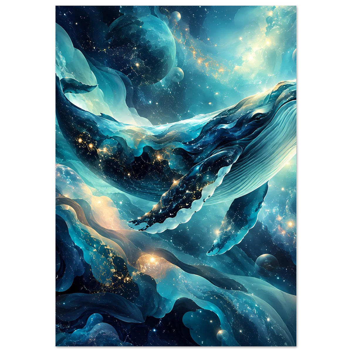 Hochformat-Poster mit galaktischem Wal, blaues Meer und Sternenstaub-Effekten