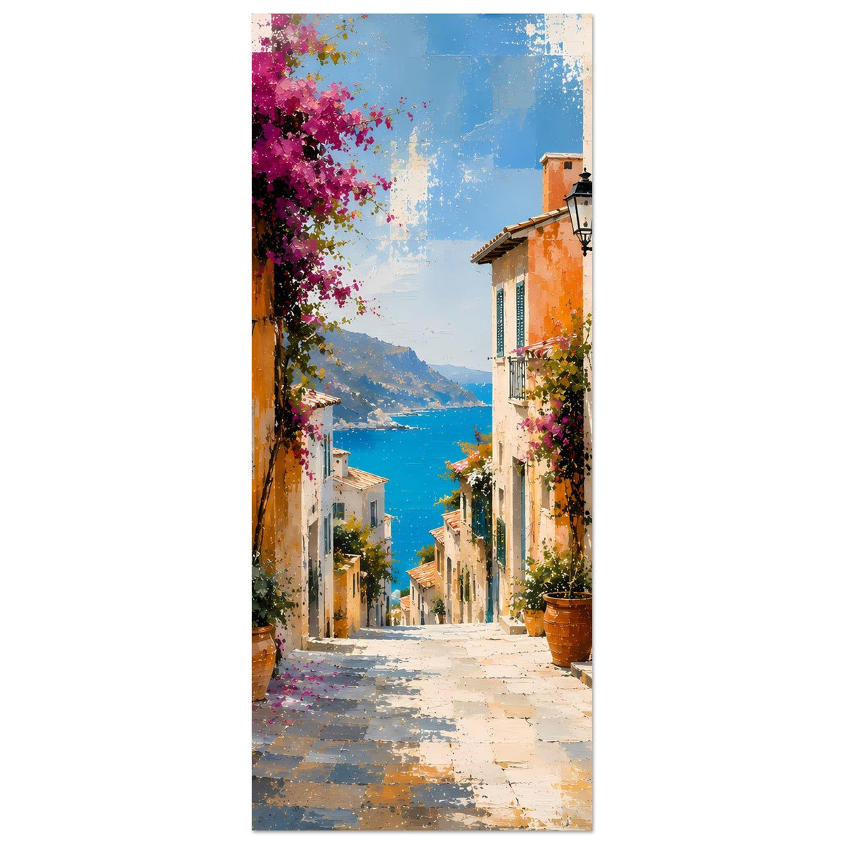 Wandposter hochkant: mediterrane Gasse mit orange Häusern, blauer Tür, lila Blüten und Meer