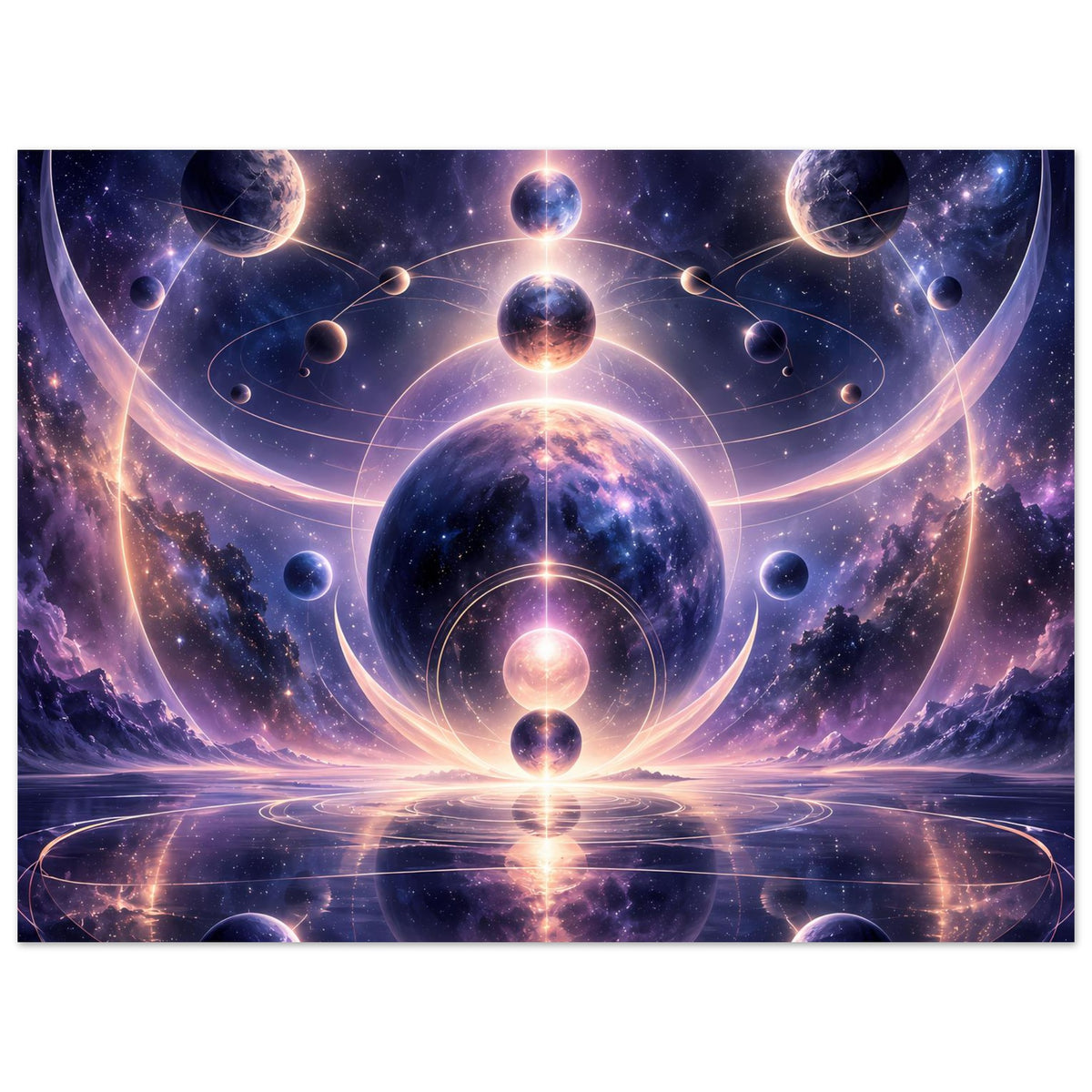 Poster mit kosmischem Motiv: zentrale Kugel, mehrere Planetenobjekte und Lichtringe, groß.