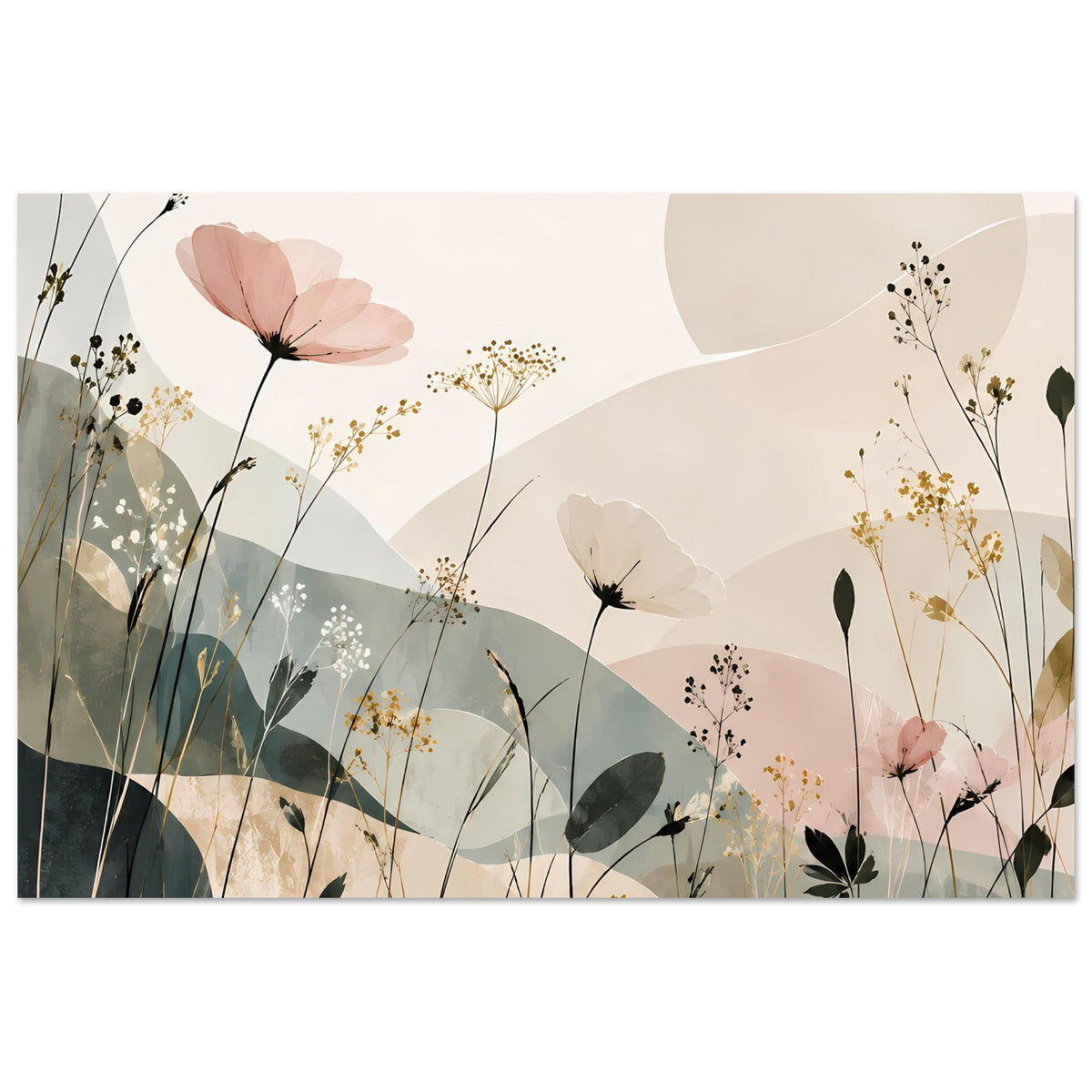 Blumenposter im Querformat mit abstrakten Blumen und Gräsern in Pastell, zarte Bögen und Linien
