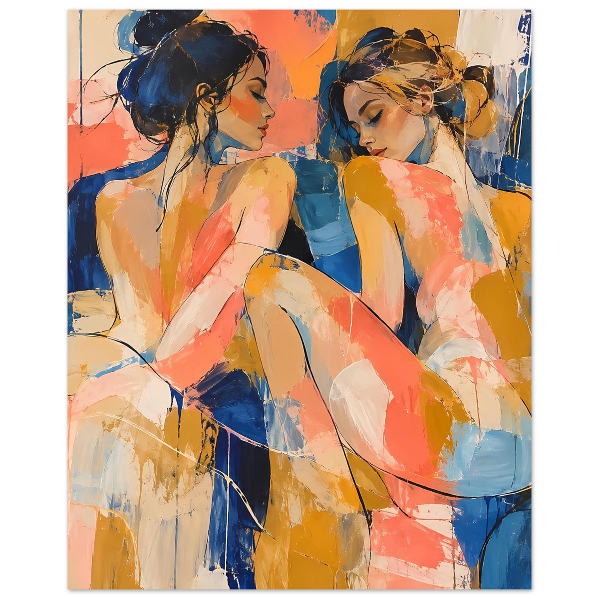 Kunstposter mit abstraktem Figurenpaar, zwei Frauen blicken sich an, Blau und Koralle, Hochformat