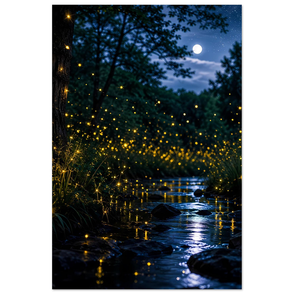 Leuchtposter im Hochformat mit Glühwürmchen über einem dunklen Fluss bei Mondschein