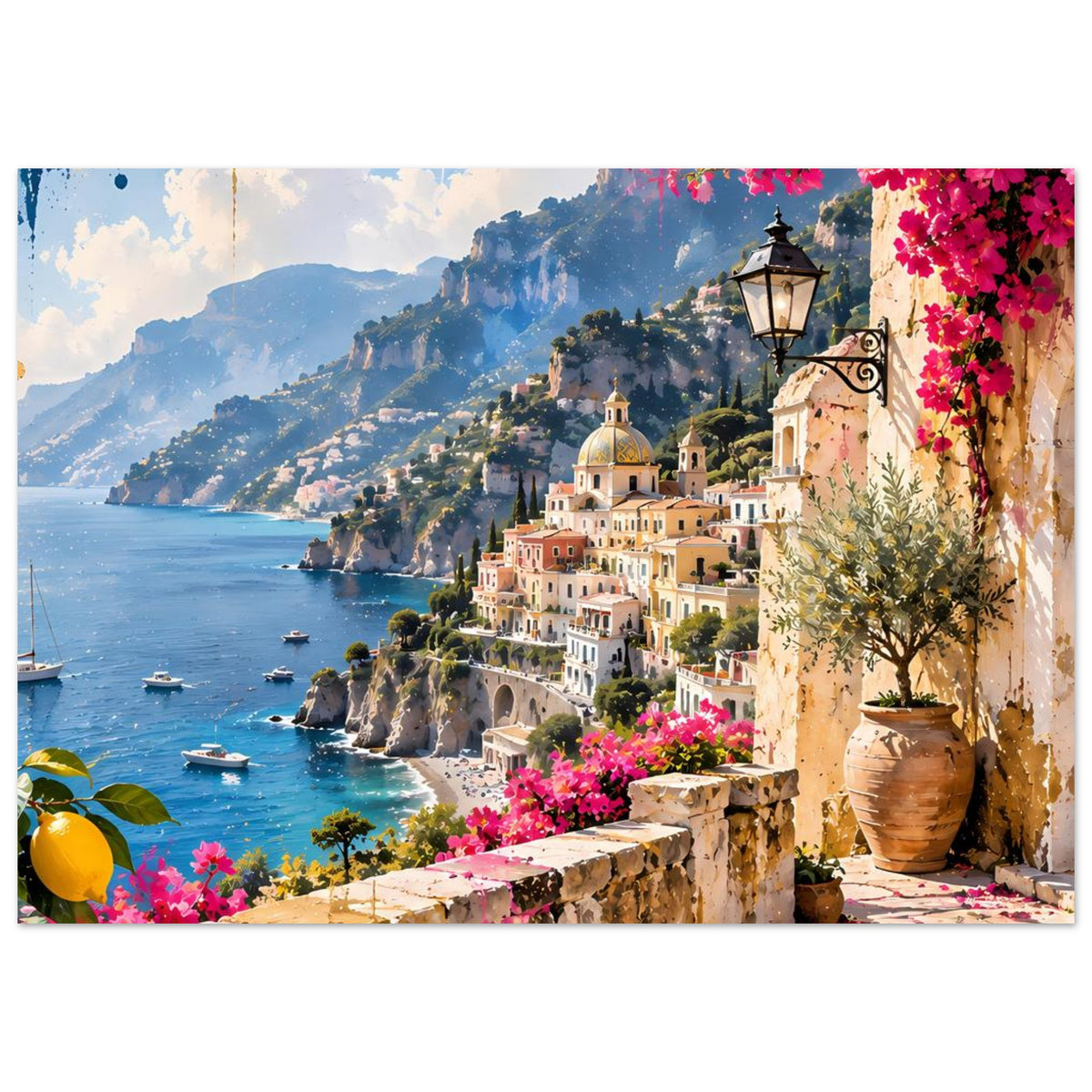 Posteransicht der mediterranen Landschaft: Küste, weißes Gebäude, pinke Blumen und Laterne