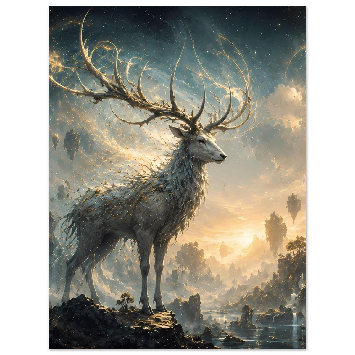 Hochformat-Poster mit Hirsch, silbergrauem Fell und dekorativem Geweih