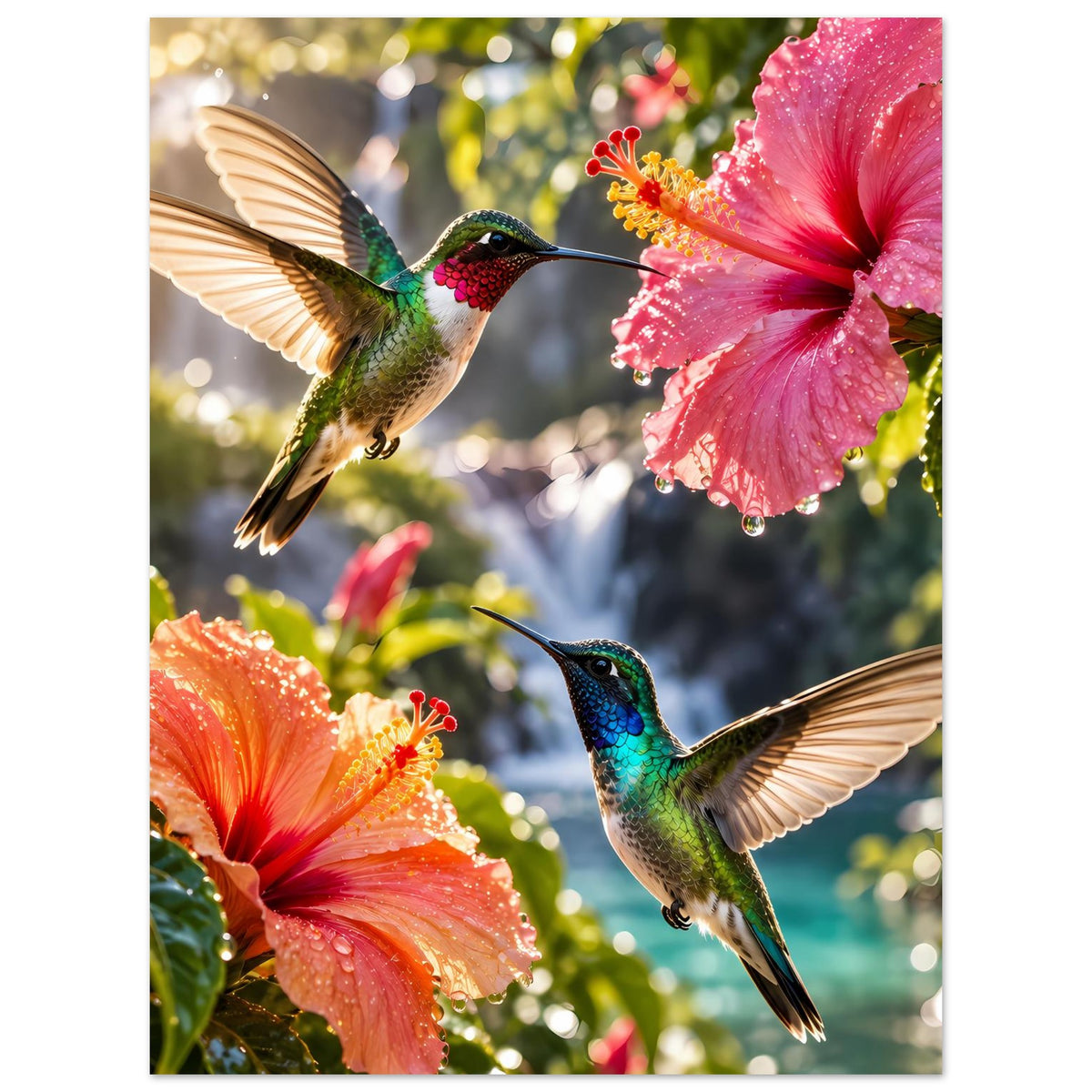 Poster mit Kolibris im Flug und Hibiskusblüte, farbiges Blütenmotiv