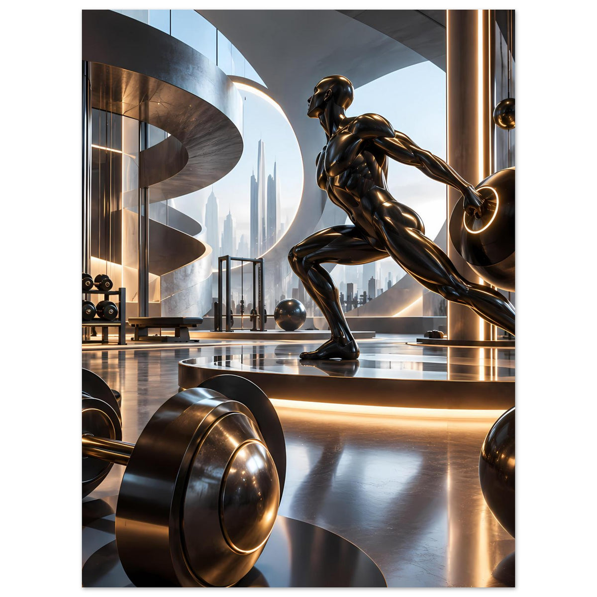 Poster mit bronzener Fitnessstatue und Hantelscheiben, futuristisches Trainingsstudio, senkrecht