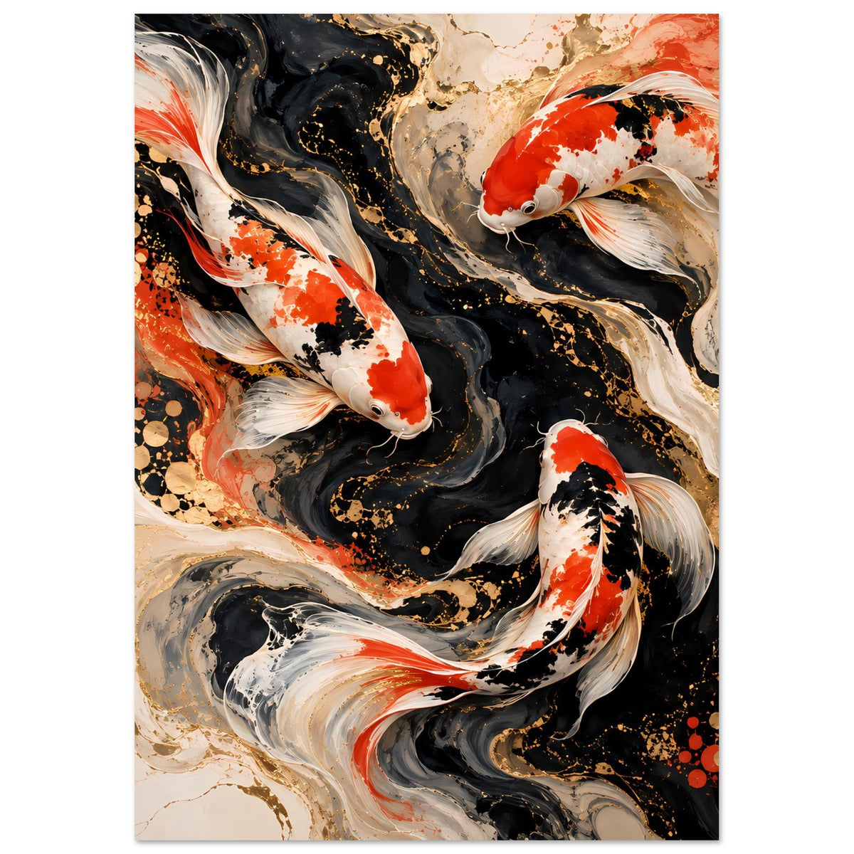 Kunstposter, hochformat: zwei Koi-Fische in Rot, Weiß, Schwarz, umgeben von Spritzern