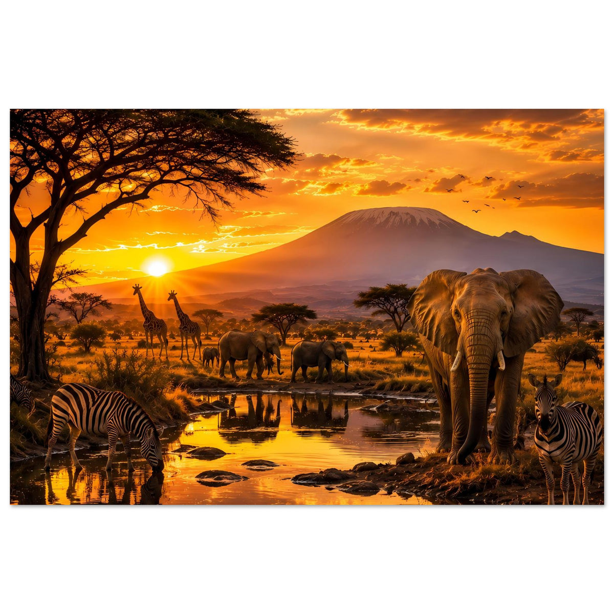 Afrika-Tierwelt-Poster mit Elefant, Zebras und Giraffen bei Sonnenuntergang über spiegelndem Wasser