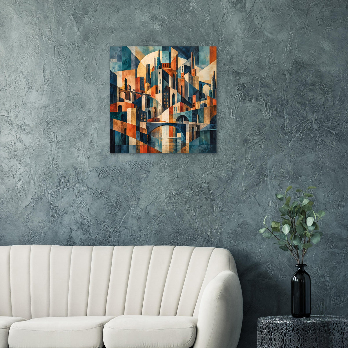 Cityscape-Poster mit abstrakter Skyline und Brückenbogen in Orange- und Blautönen