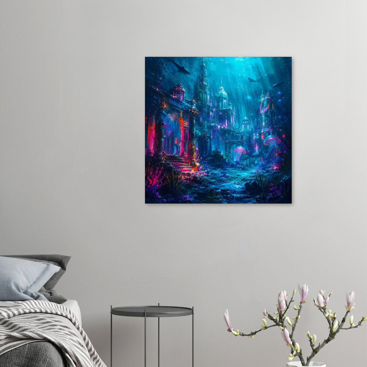 Kleines Fantasy-Unterwasserposter mit versunkener Stadt und leuchtenden Quallen