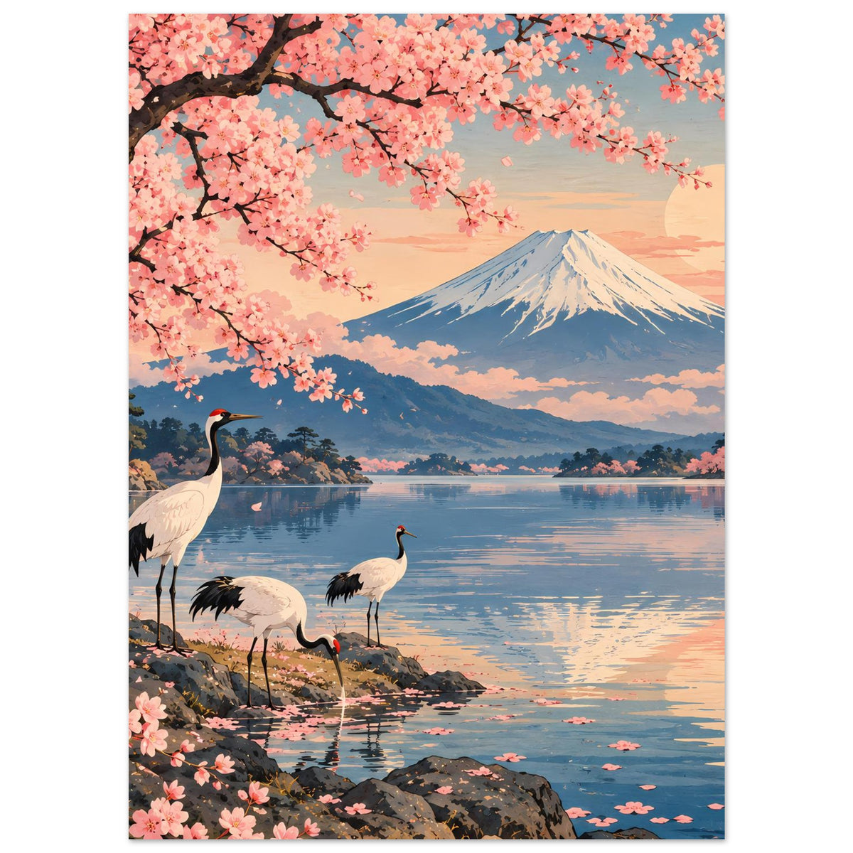 Poster mit rosa Sakura-Blüten, fliegenden Kranichen und japanischer Berglandschaft