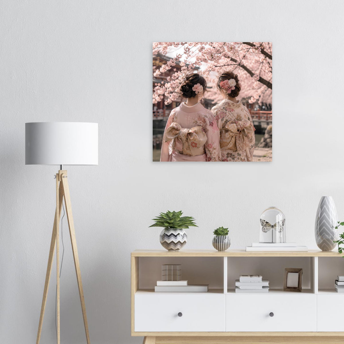 Gerahmtes Wandposter mit Kirschblüten und zwei Figuren in Pastellkleidung