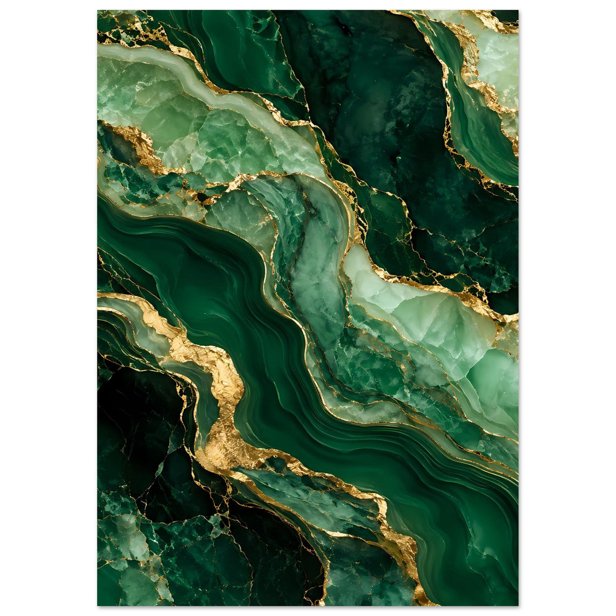 Luxusposter im Hochformat mit smaragdgrünem Marmor, goldenen Adern und welligen Linien