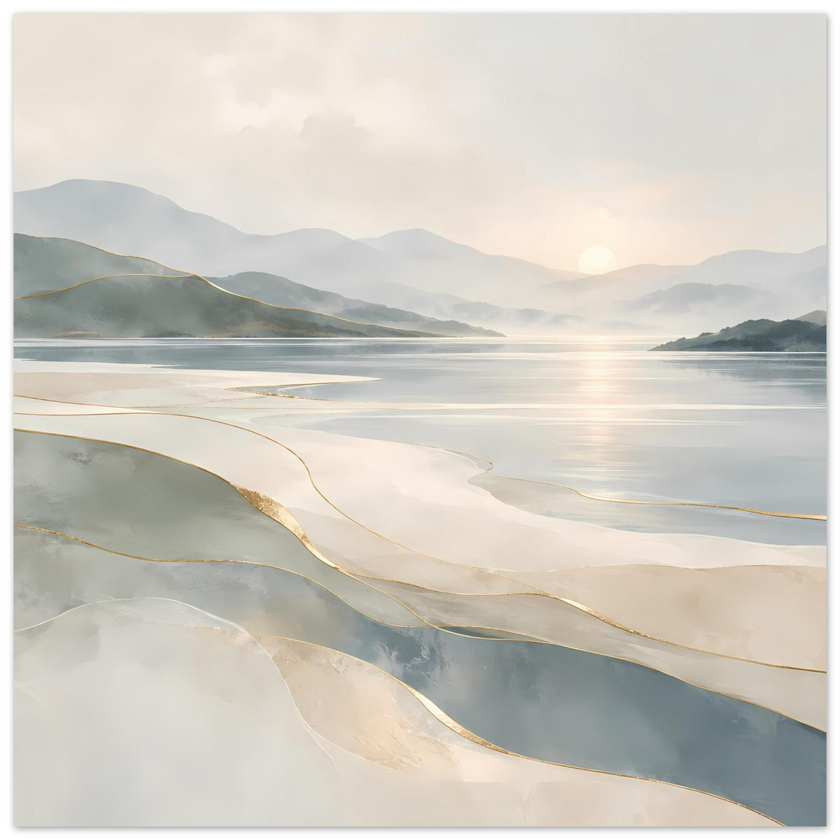 Hochformatiger Kunstdruck mit Strand und Meer, Beige-Grau Farbverlauf, Goldakzente