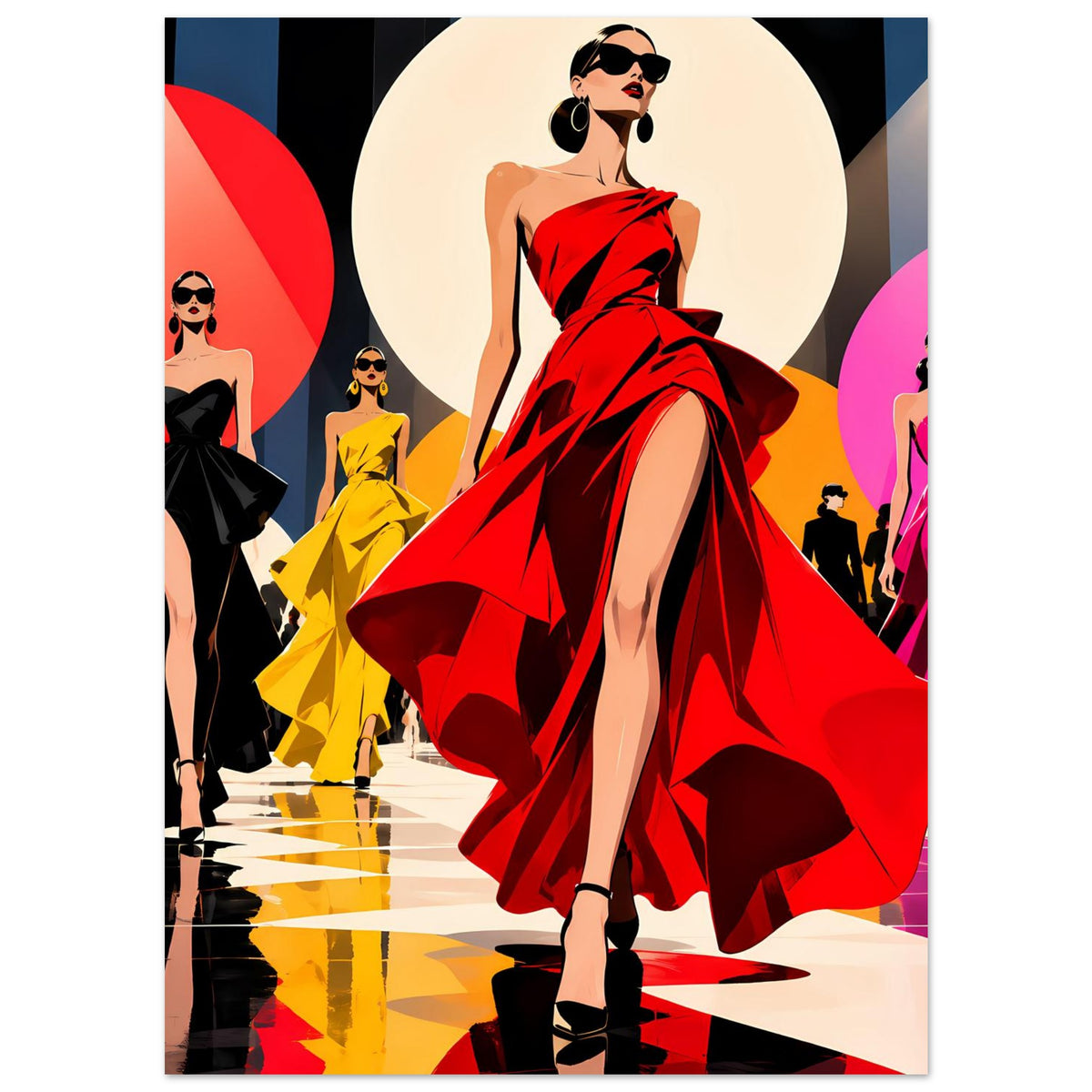Wandposter im Pop-Art-Design mit Frau im roten Kleid und schwarzem Absatzschuh